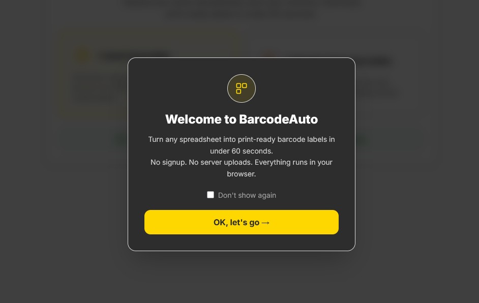 BarcodeAuto welcome screen